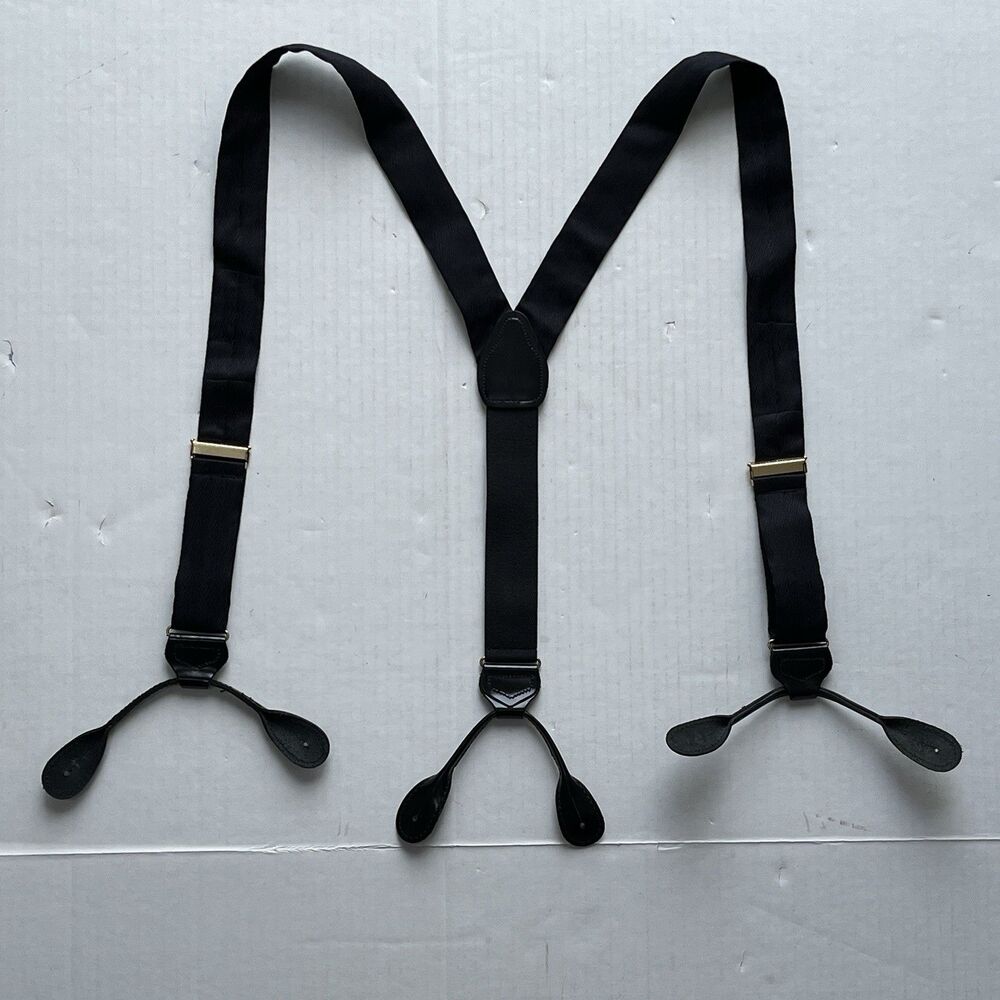 Mens MADE In ENGLAND Black 100% Silk Button Suspenders w/ Leather Loops Y-Back